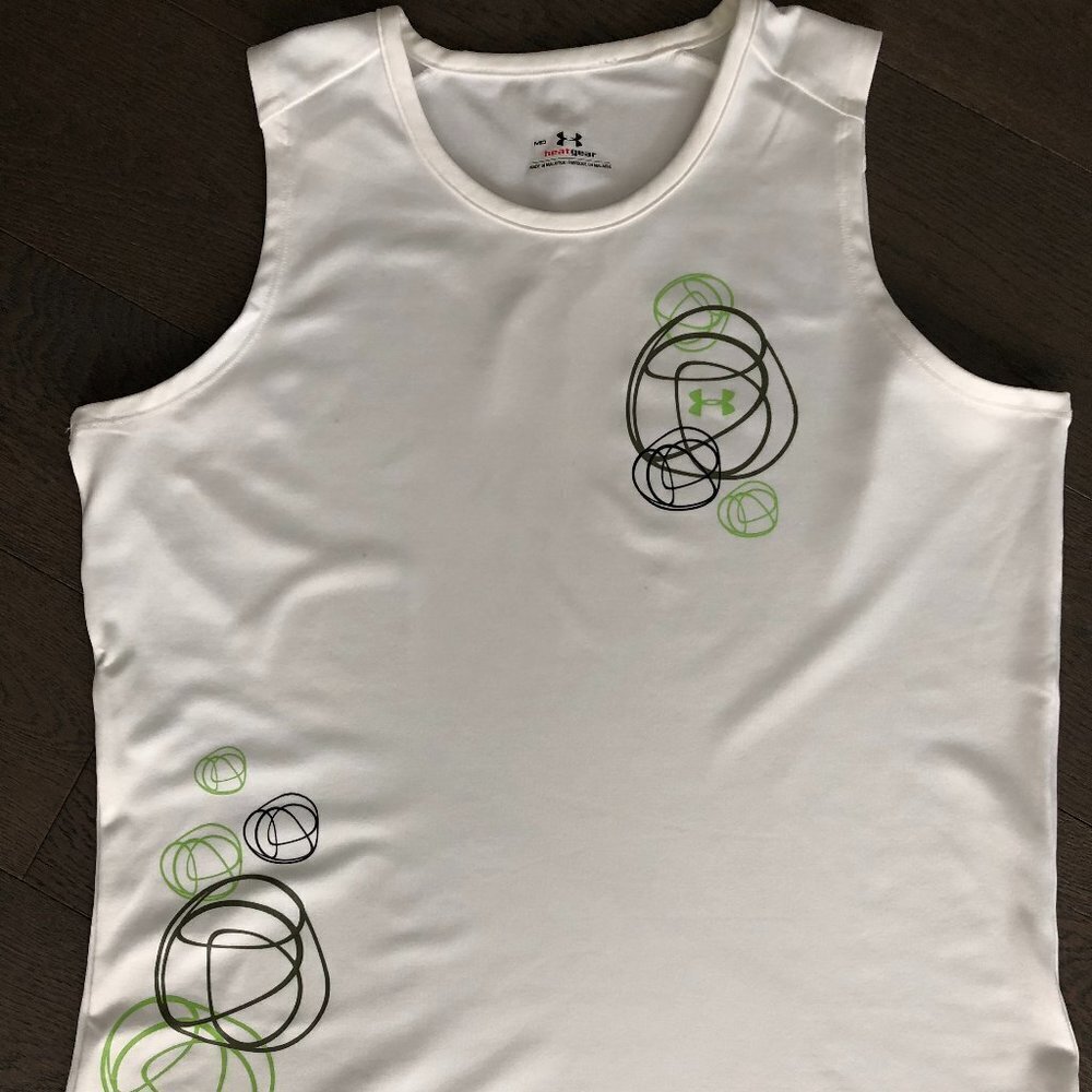 Under Armour Heat Gear Crew Neck Sleeveless Tank Top White Green Black Sz M